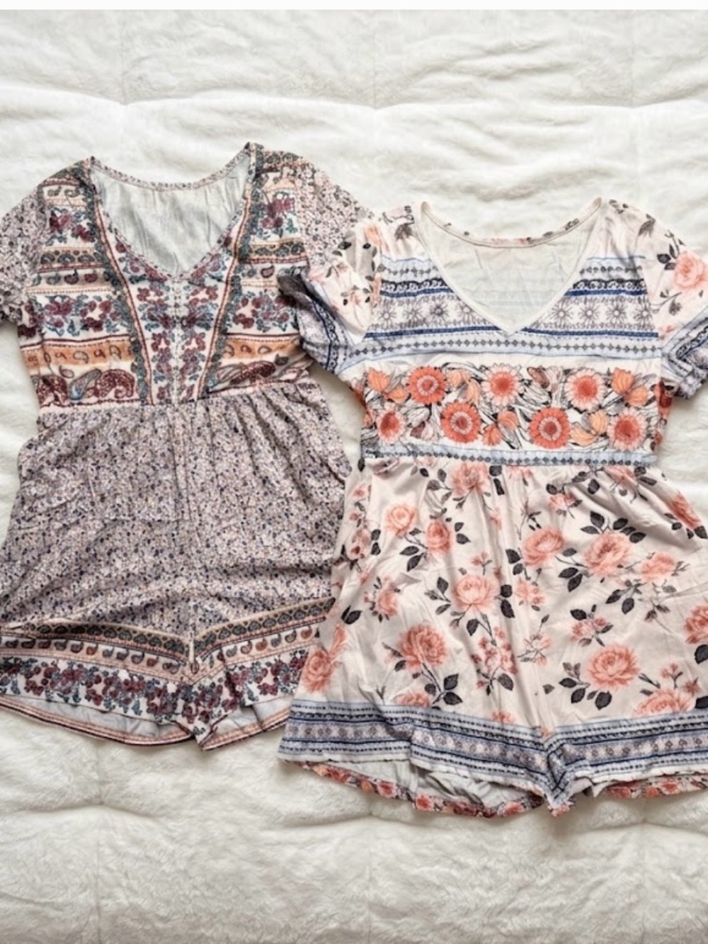 Floral Mixed-Print Rompers - Peaches & Blues